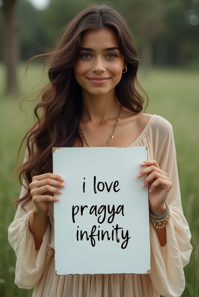 Beautiful girl with wavy long hair, bohemian dress, holding a white board with text "I Love pragya Infinity" and showing it to the viewer