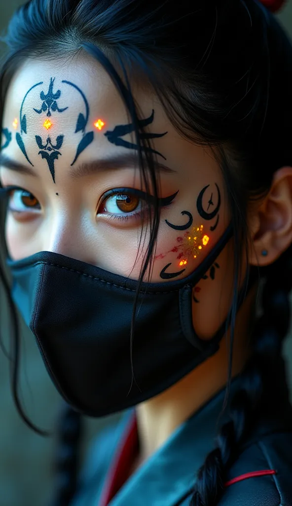  A South Korean woman with black hair BRAIDS tattoo on her face with mask and blue eyes the glow golden iris close shot of the face HD QUALITY 4K lightning effects this is Korean symbols tattooed on the face 