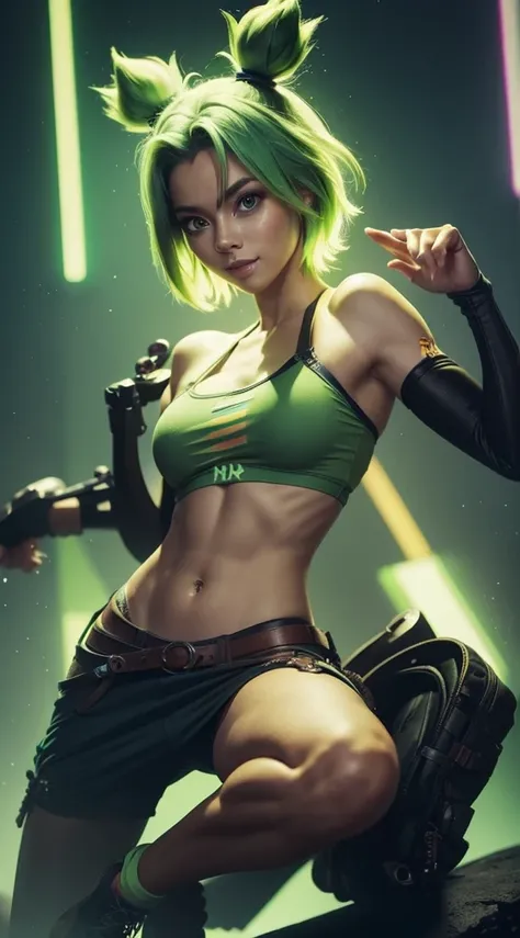 chica, Short green haired bun hairstyles, slim with athletic body, full body, poses sexy, medium breasts, rainbow tattoo on the right hand, 