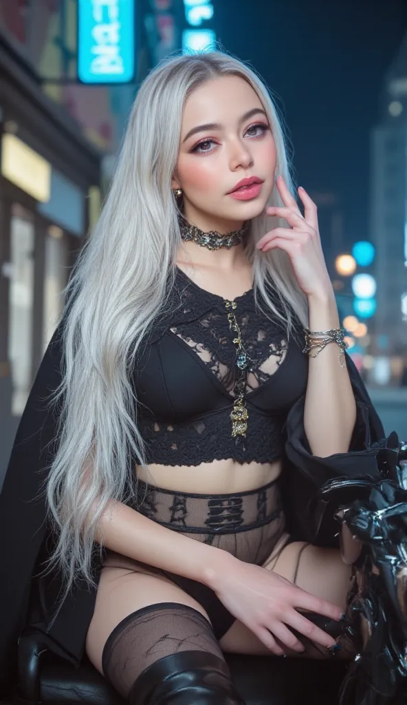 masterpiece, highest quality, solo , (perfect face:1.1), (high detail:1.1), dramatic,pale skin, (long pure white hair:1.4),Makeup,lipgloss, cateye eyeliner, jewellery,anklet,big eyes, perfect eyes, almond shaped eyes,light blue eyes,solo, long hair,big bre...