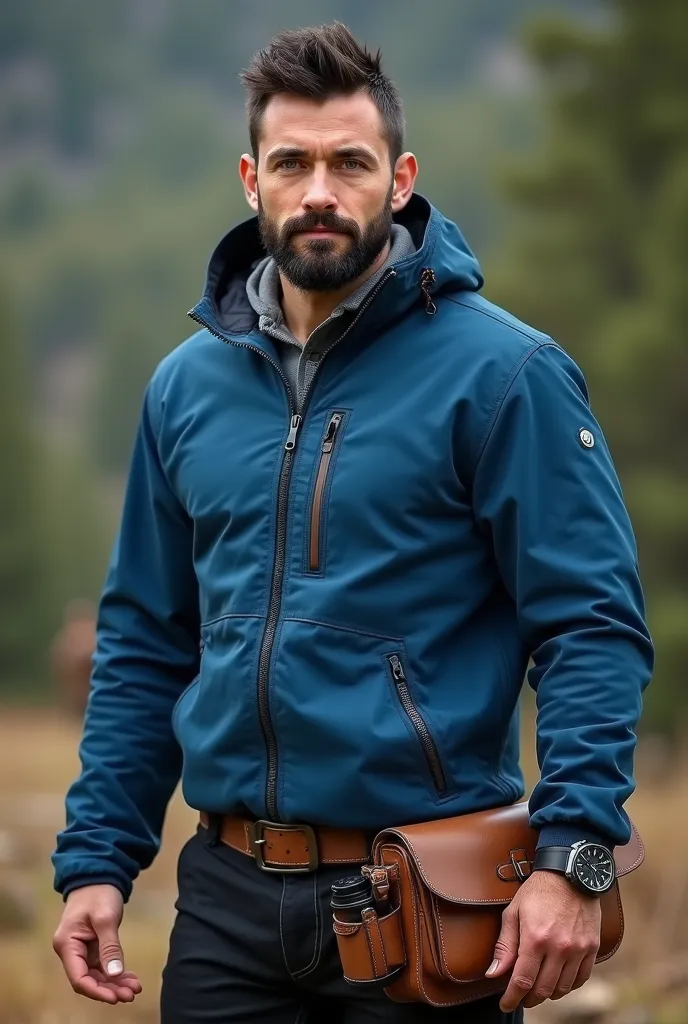 A handsome brave and smart man with black hair and black beard, green eyes, concentreated, fit body, wearing a blue sweetshirt like jacket with zip, wearing a leather waistbag for eqipments, wearing a suitable watch, wearing black firm pants, and black in ...