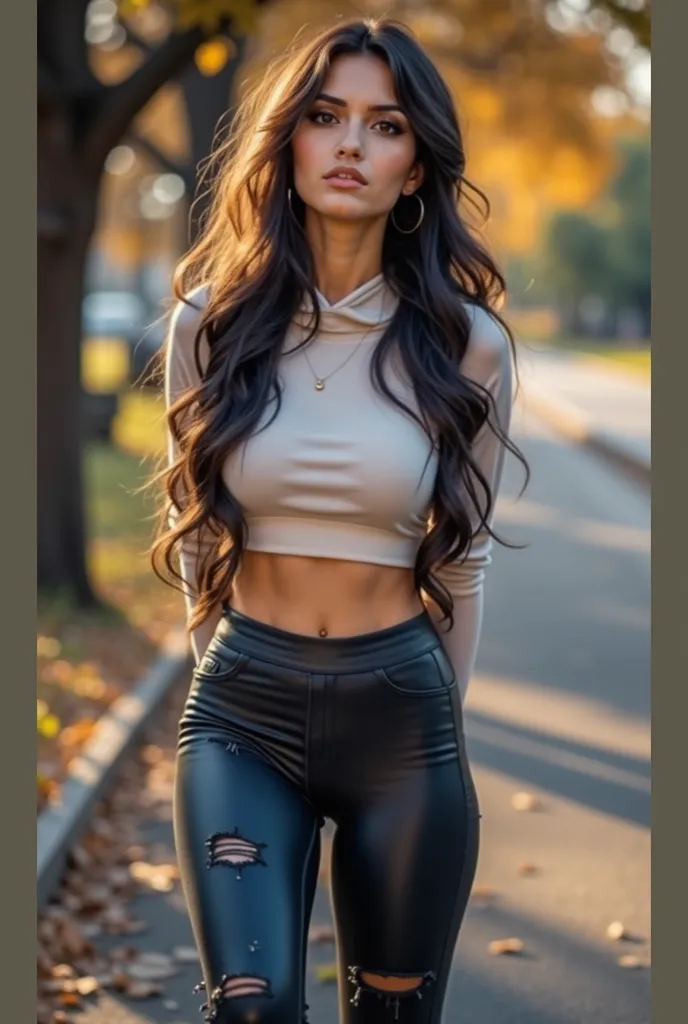 1girl,Seul,cheveux longs,petite,maigre, plat cest,regardant le spectateur,cheveux bruns, cheveux noirs,nombril,bijoux,petits seins,collier,Lèvres,anneau,t-shirt,jeans,réaliste