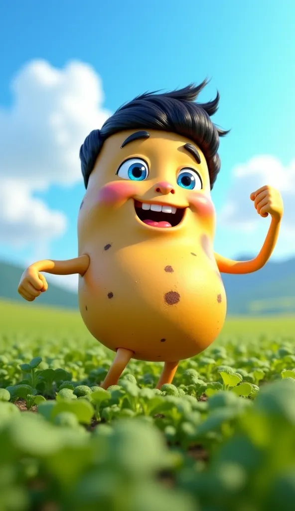 

"A humanoid potato character with a muscular body, realistic human face, short black hair, blue eyes, and expressive eyebrows. The character is dancing joyfully in a lush green potato field under a bright blue sky with fluffy white clouds. The scene is v...