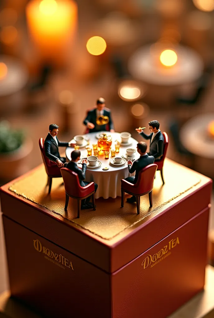 A highly detailed, professional 3D tiny figures scene depicting an elegant tea party atop a 'Doodz Tea' box. Miniature guests sit at finely decorated tables, enjoying premium tea served in tiny glass cups by skilled waiters. Warm ambient lighting and delic...