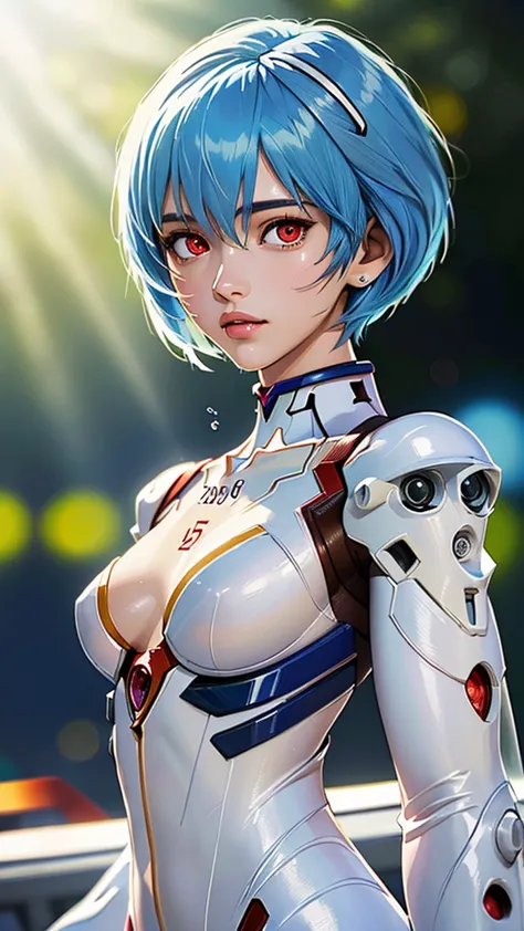 (best quality, masterpiece, colorful, dynamic angle, highest detailed)(\Rei Ayanami\), upper body photo, fashion photography of cute girl (\Rei Ayanami\), red eyes, dressing high detailed Evangelion white suit (high resolution textures), in dynamic pose, b...