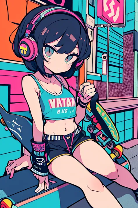 Best quality, (masterpiece:1.2), best detail face,1 girl is walking, small breasts, 18 yo, 8k,absurdres,unity 8k wall paper,(extremely detailed:1.3), highest realistic, (retro headphones:1.1),(psychedelic:1.2),Retro cityscape, 1girl in, retro artstyle, neo...