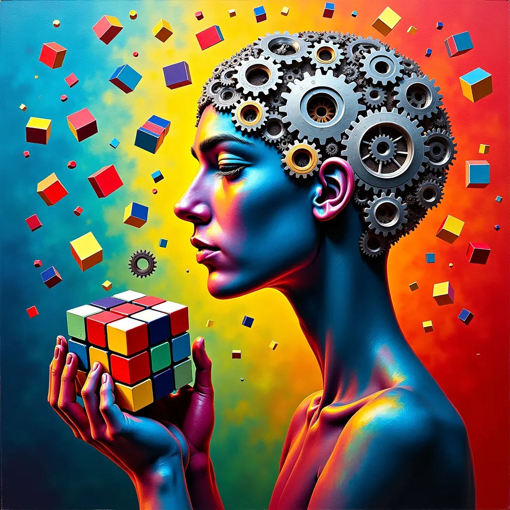 "A vibrantly colored work of cubist oil art of a figure with a head of interconnected metal gears, symbolizing the constantly evolving mentality. His hands hold a Rubik's cube in the process of resolution, where each face represents an aspect of personal g...