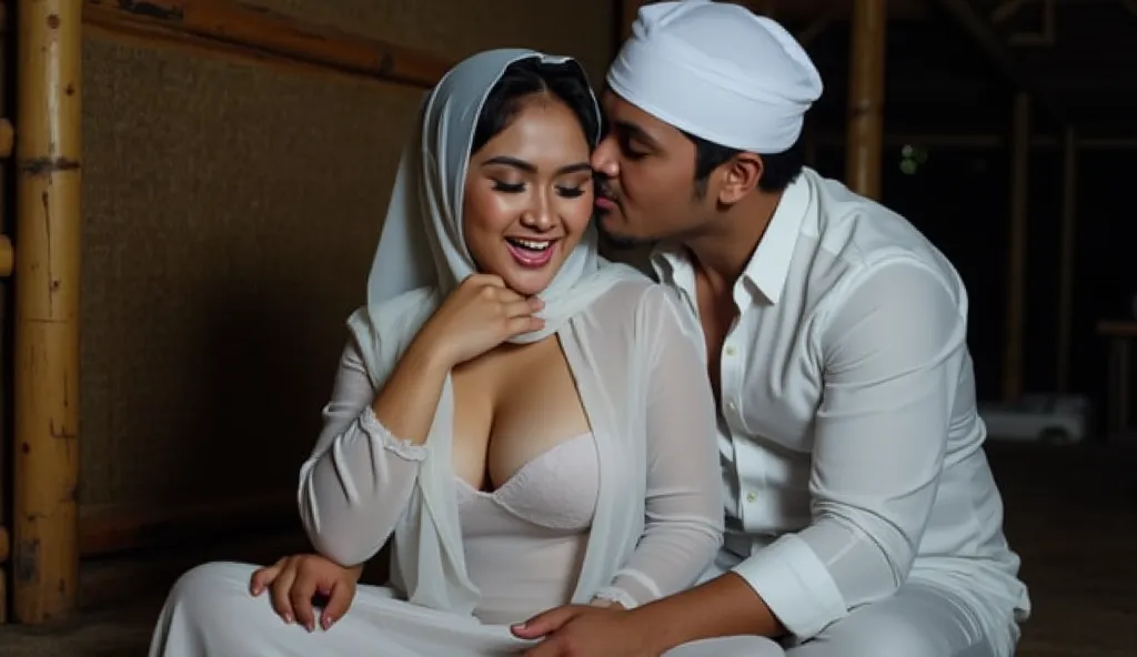 a Malay woman in a white headscarf with a little hair visible is sitting with both hands on the floor, loose gamis clothing, cleavage visible, large breasts, horny expression, from behind there is a 35-year-old Indonesian middle-aged man in a white turban ...