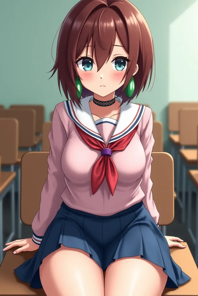 ((high quality image 4k , 8K, 22K)) anime girl in her 30s (( short brown hair)) with green alien-shaped earrings , (( very large thighs)) dressed as a naked schoolgirl(( blue skirt , white shirt and red ribbon)) sitting on a bench in the classroom showing ...