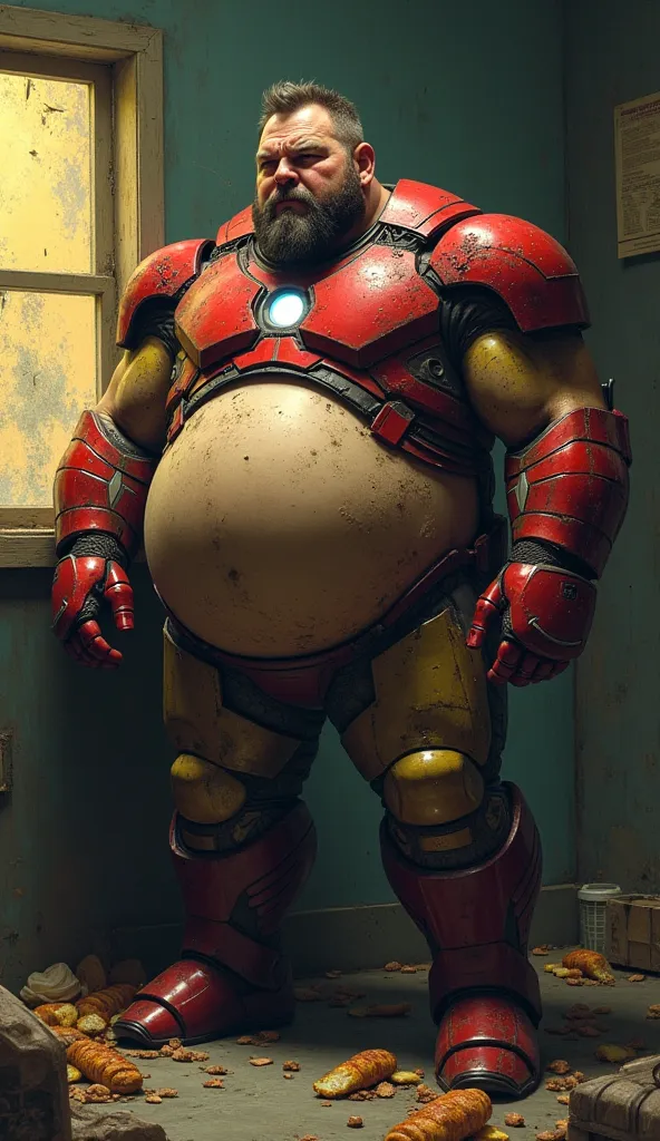 A heavily overweight man wearing a damaged and worn-out Iron Man suit, sitting slouched in a dimly lit, messy room. His armor is scratched, dented, and slightly rusted, with faded red and gold paint. The front of the suit is unlatched, revealing a large, p...