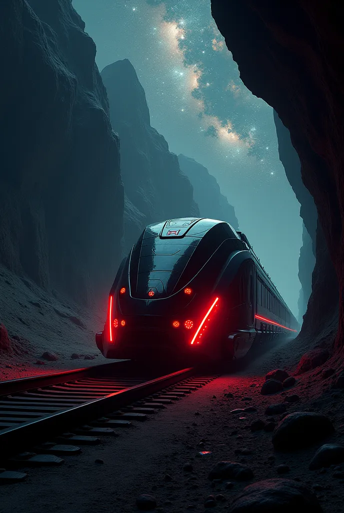 The Train of the Future, dark environment inside, red lights ,  deserted , outside view of the galaxy