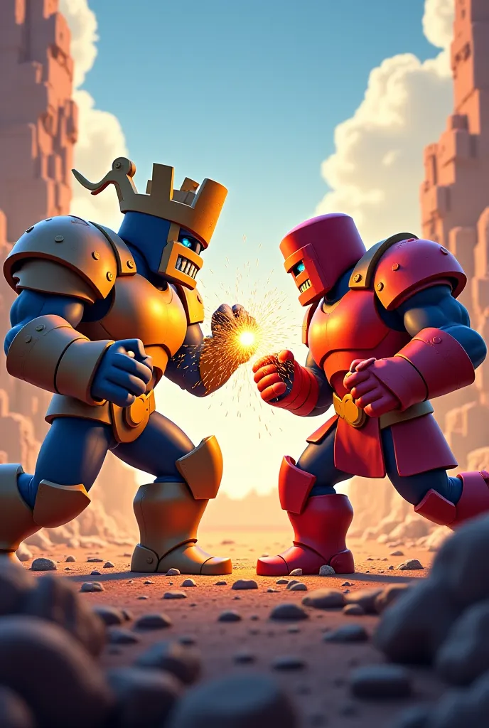 Create a very realistic image of Brawl Star's cousin and the Mega Knight from Class Royale 