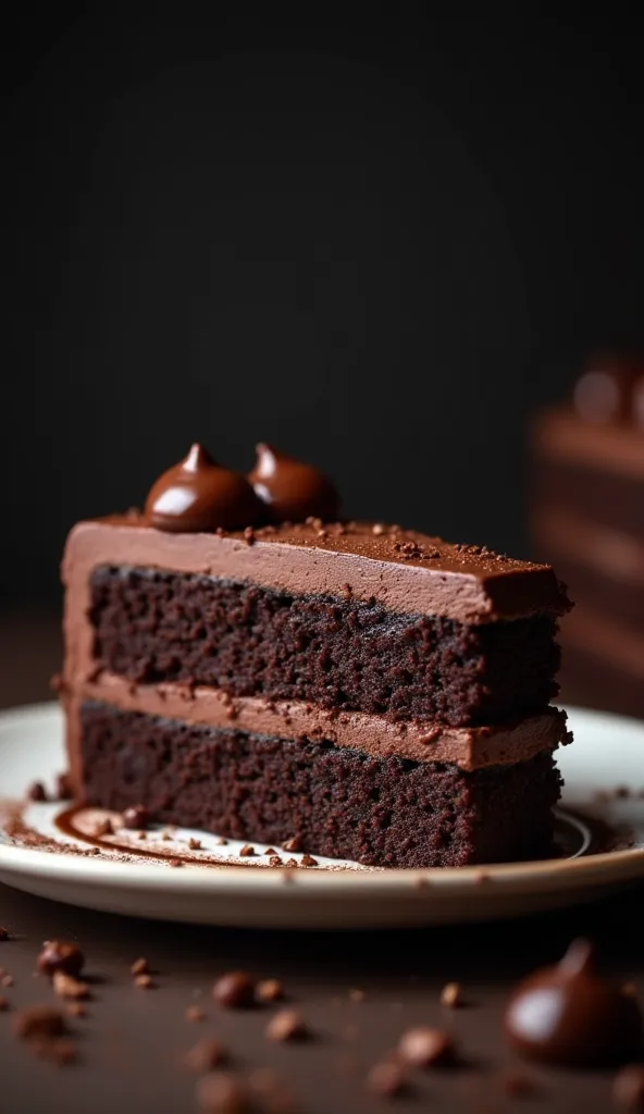 cinematic film still chocolate, chocolate cake, dark background, quality photo, moist texture, frosting, studio photo, slice . shallow depth of field, vignette, highly detailed, high budget, bokeh, cinemascope, moody, epic, gorgeous, film grain, grainy