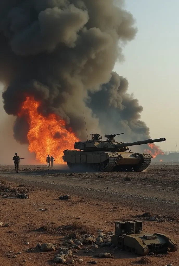 A typical Israeli military air base was burned to the ground with black smoke billowing, Typical asphalt field of an Israeli military air base, Many of Israel's signature Merkava tanks were also damaged and burned out with billows of black smoke, there wer...