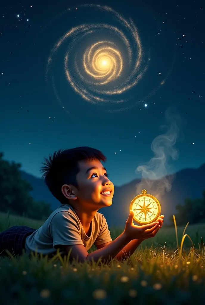 A Dayak boy, Mering, lying on soft grass at night, staring at a starry sky. A golden compass in his hand glows brightly, illuminating his curious expression, as a cosmic whirlpool begins to form above him."