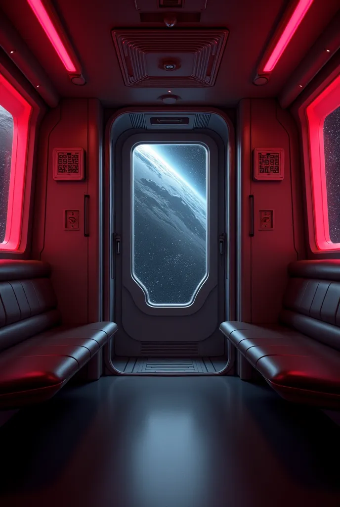 The Train of the Future, view of the train car from the inside, dark environment inside, red lights ,  deserted , outside view of the galaxy