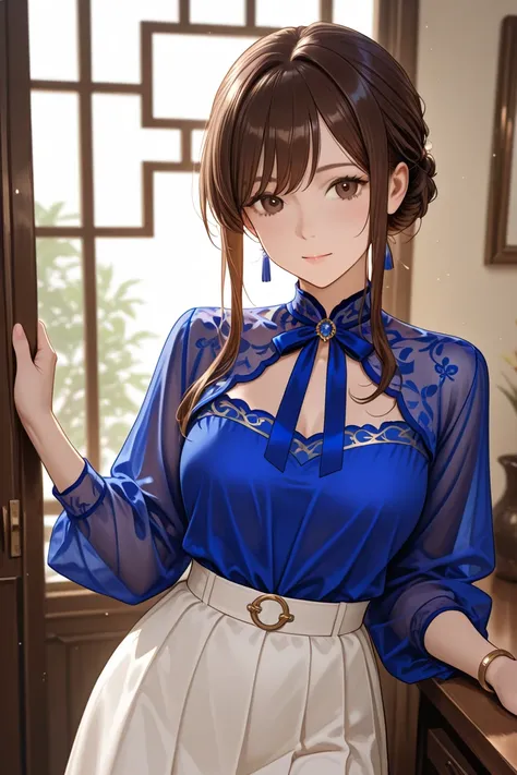 ager with dark brown Chinese hair with brown eyes, Wear a royal blue blouse and white skirt 