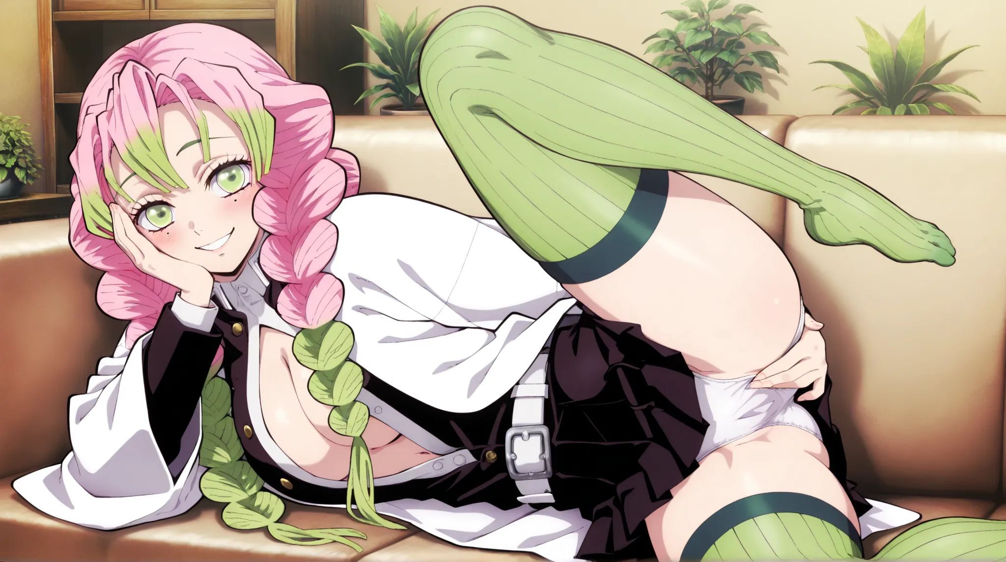 
masterpiece,best quality, amazing quality, very aesthetic,1girl,ChopioM1tsuri, long hair, pink hair, green hair, multicolored hair, tri braids, green eyes, eyelashes, mole under each eye, looking at viewer, anime coloring, large breasts, utfit_1, white ha...