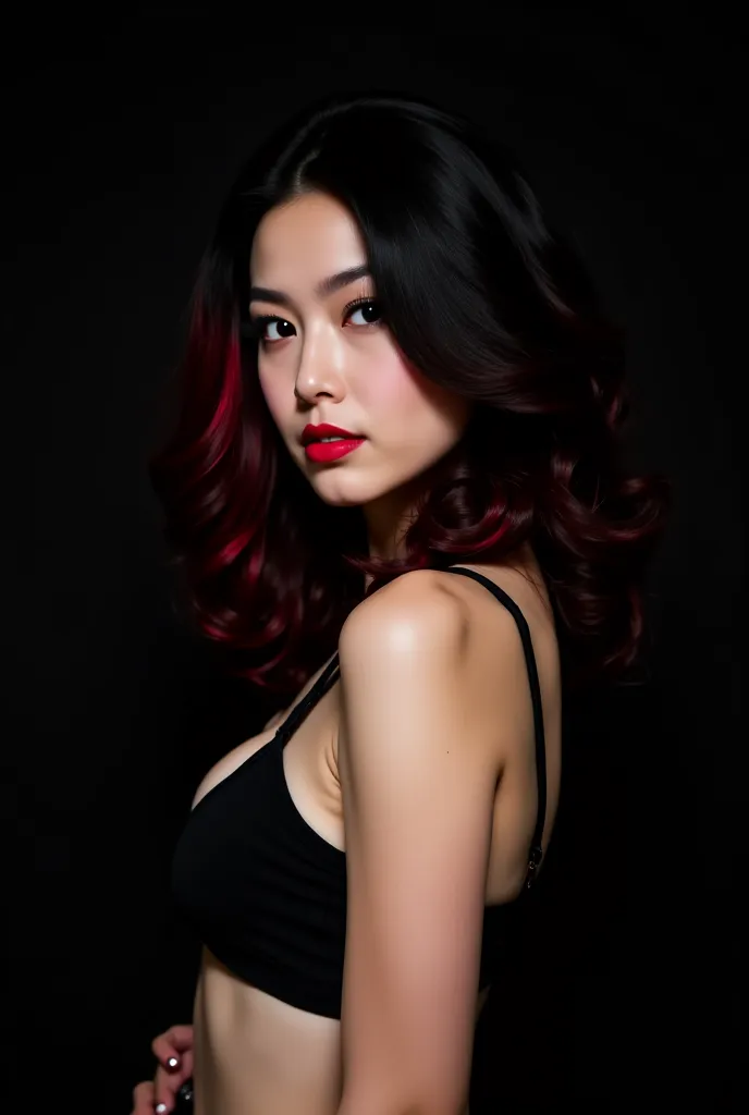 A girl with black hair with a very white skin color in a bra at the age of 18 but with the tip of her hair dyed red poses sexy in front of a black background