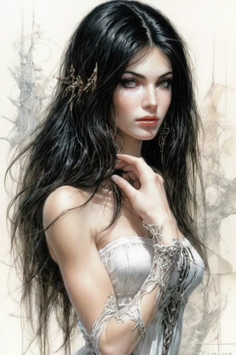 nude woman with perfect eyes black color and perfect legs and perfect hands and perfect fingers and white skin and high definition and future dress, ilustraciones de luis royo style rendered in a vibrant and detailed manner, black hair, D Breast size, long...