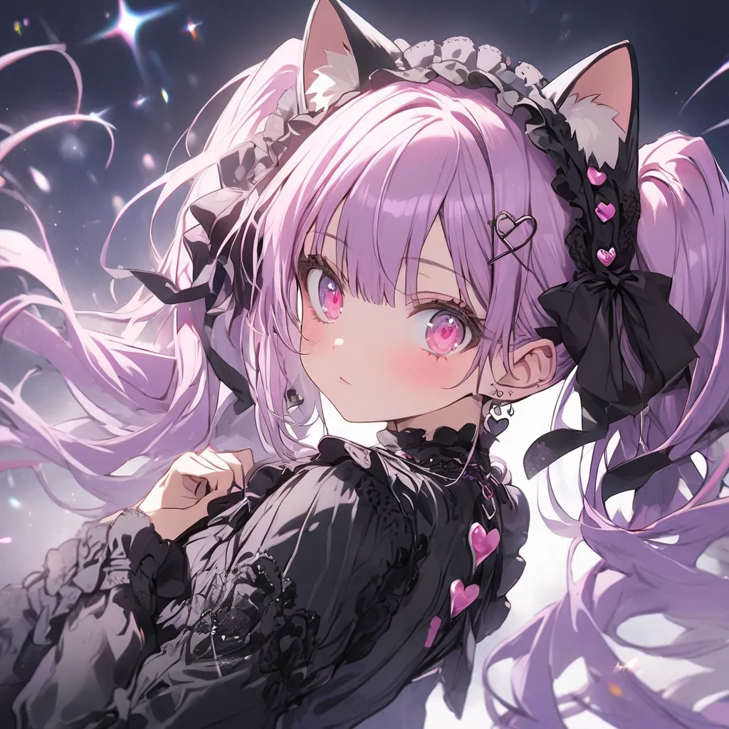 1 girl, cute、Purple Hair、Twin Tails、black lolita、heart pin closure 　pink eyes、cat ear headdress 　 glitter