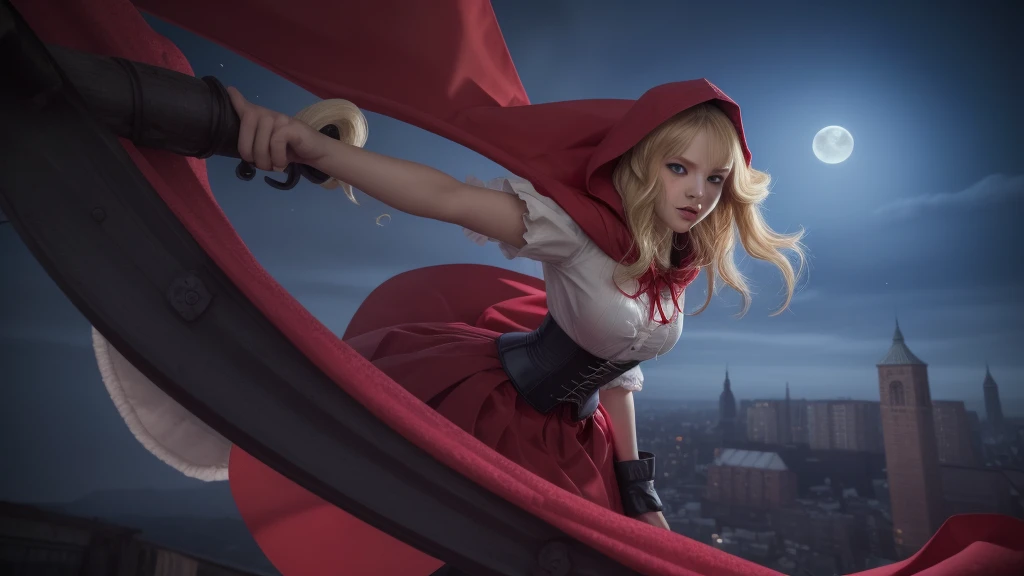 cute girl, hood, solo, moon, red_hood, blonde_hair, official_alternate_costume, skirt, red_skirt, night, blue_eyes, holding, short_sleeves, cape, corset, puffy_short_sleeves, medium_hair, realistic