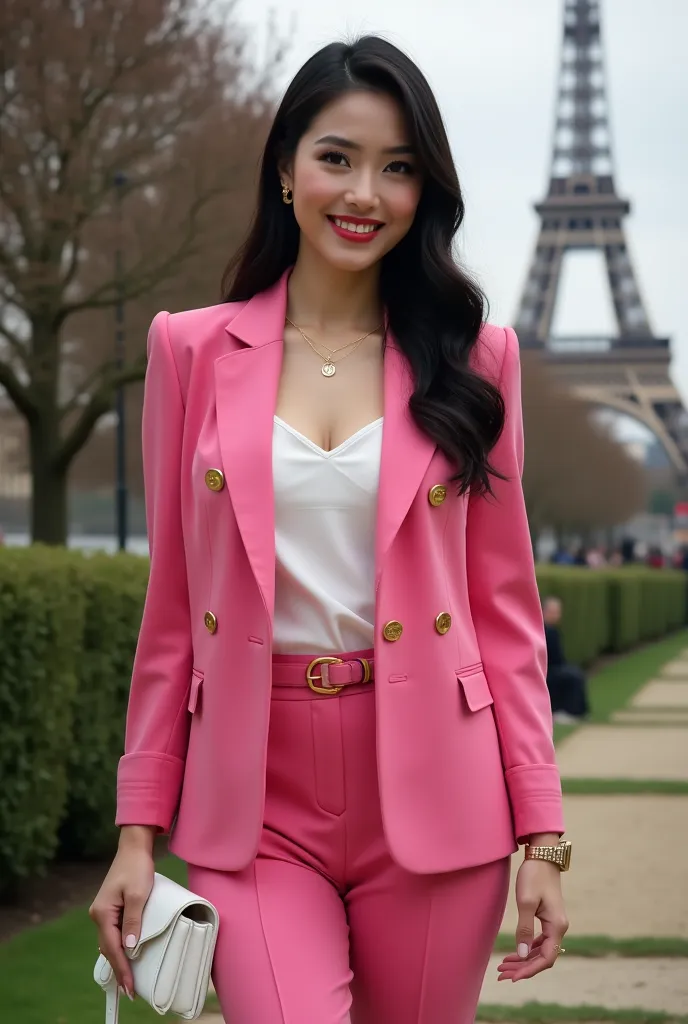 A beautiful Asian woman, chubby but sexy, soft white skin, smile,wearing fushia pink blazers with gold buttons,with white asymmetrical strap blouse inside two-piece pants set with belt elegant,white brasserie inside,.white highhells, with white handbag,sta...