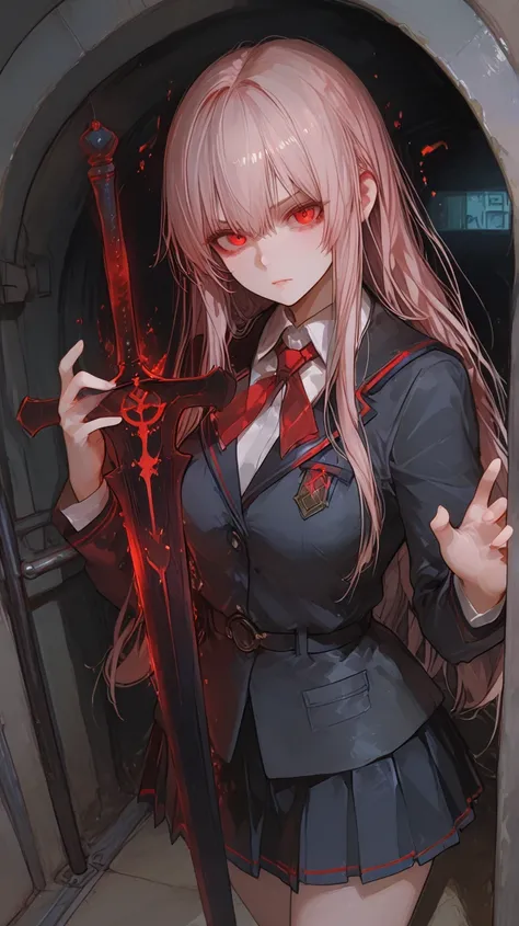 a  old girl, determined expression, dark and long hair, wears an elite school uniform.  She holds a cursed sword , glowing with demonic runes, shrouded in shadows. The sword emits a black aura, with blood-red details. She's standing, in the tunnel illumina...