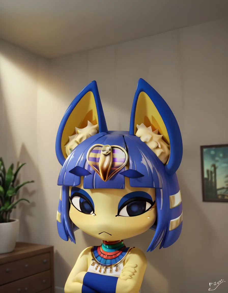 uploaded on e621, ((by Hyilpi, by Supplesee, by Dagasi, Animal Crossing)), solo ((chibi ankha \(animal crossing\))) with ((yellow body)) and (navy blue short hair) and (purple hypnotic eyes), (naked, egyptian mythology, flat chested,:<, crossed arms), ((de...