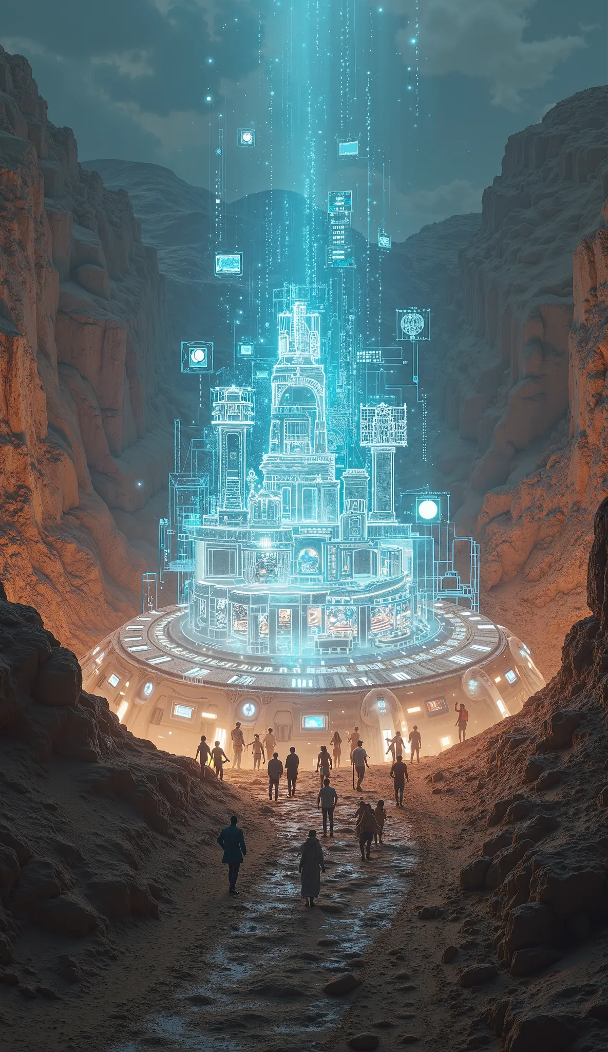 "An AI-generated hologram of a lost ancient city, rising from the ground in a desert excavation site. The hologram shows detailed buildings, streets, and people, while archaeologists watch in awe. The scene is illuminated by the soft glow of the hologram, ...