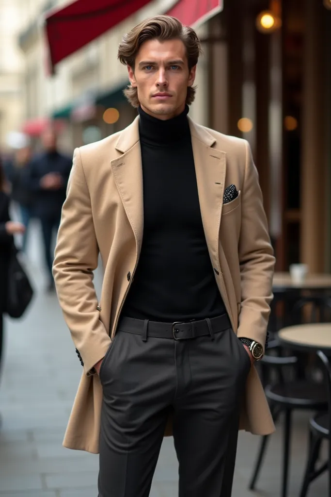 A tall, athletic young man in his late 20s with a perfectly symmetrical face, sharp jawline, high cheekbones, and deep blue eyes. His medium-length, wavy dark blonde hair is styled naturally. He wears a fitted beige wool coat over a black cashmere turtlene...