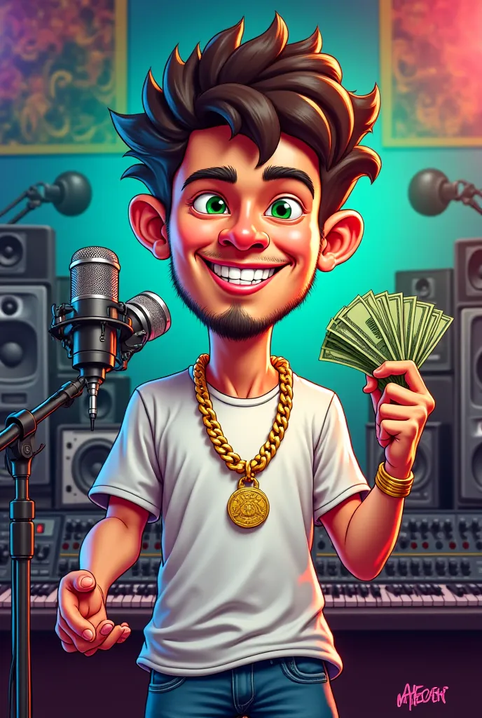 Make rapper white skin green eyes mouth t-shirt gold chain dollars in music studio singing with microphone cartoon