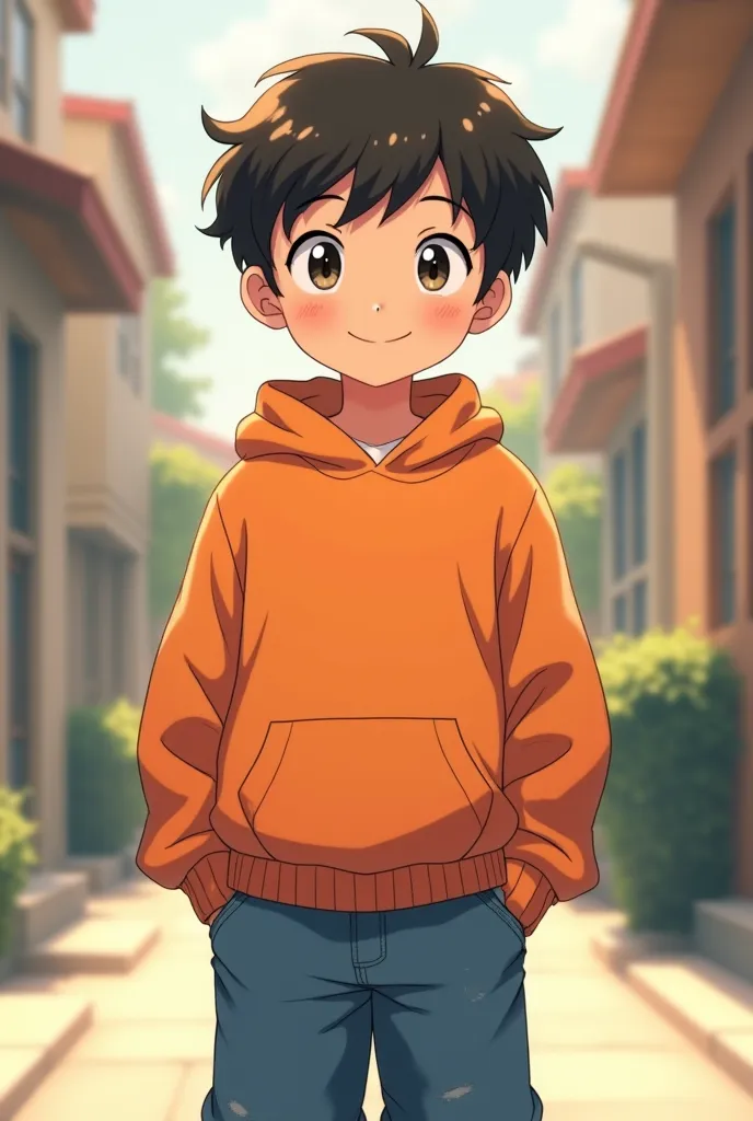 Anime boy wearing an Osh Kosh B'Gosh sweatshirt and mom jeans