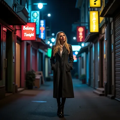 The camera shoots full-length from a height of 1.5 meters. A beautiful woman in full height in an expensive dark gray long jacket stands with her legs slightly apart in boots. She is standing on a night street. She is lost and looks sideways into the alley...