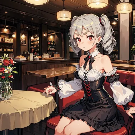 Young girl with gray hair, ((curly and fringed hair)),((short curly pigtails)), curly hair ,(red eyes),((small bushy eyebrows)), wearing gothic lolita clothing, wide and baggy  lolitagotic decorative arm sleeves, corset with red threads, maid pleated skirt...