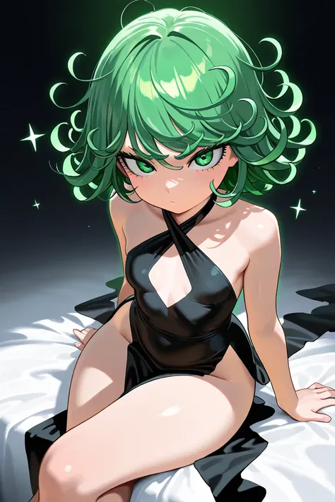  masterpiece, top quality, 32K, high resolution, very high resolution,  medium chest, (curvy), is cute,  lashes,  Sparkling Skin,  bright color,     rest ,  ZzTatsumaki , Green Eyes, green hair, black dress,