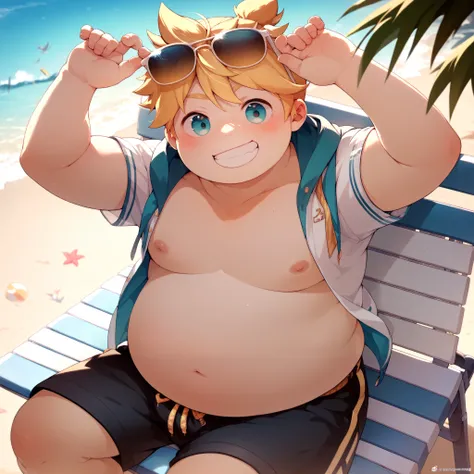 1 boy, ( male background ), kagamine len, ,  plump body and fat belly , school uniform and shorts ,  sunglasses in her hair , sitting on a chair on the beach , slightly flushed face, happily smiling 