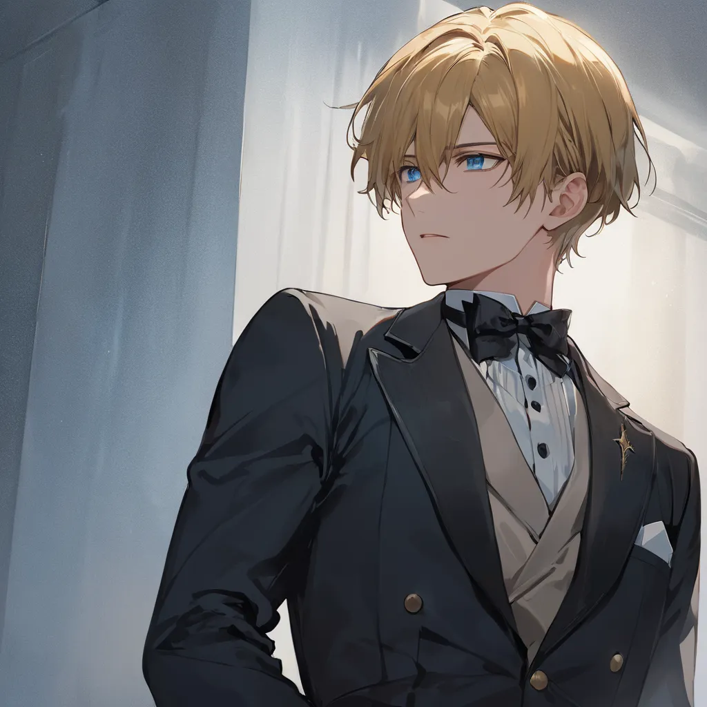 (masterpiece, High Resolution, top quality), Alone, 1 male, adult male、22-year-old male, Butler、 Gold、sincerity、Emotionless、blue eyes、short hair、anime style、golden hair、Mainly Face、cold eyes on the back、