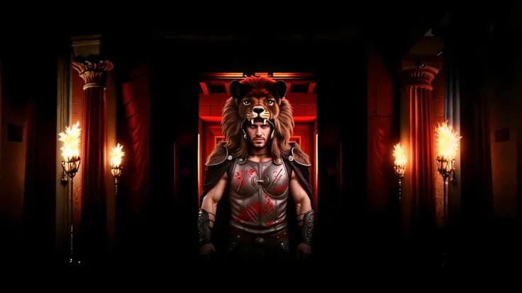 Hercules wearing his lion armor. His helmet is the head of a lion. The scene is realistic with a wide frame. His armor is dirty with dust and blood, and his cape is dusty. blood, dust, greece, action, walking.