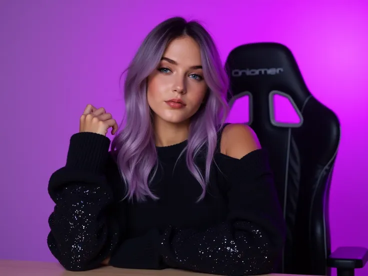 She is wearing a black sweater with holographic glitter details and textured lilac knit sleeves, adding a modern and stylish touch to the look. The background is a predominantly purple environment, creating an immersive and harmonious atmosphere with her h...