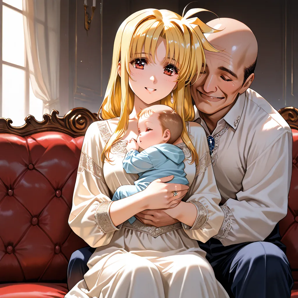 ((top quality)), ((masterpiece)), (details), （perfect faces）、The blond Fate Testarossa, holding a baby, is a married couple wearing Fiona Belli clothes, smiling gently, sitting on a luxurious sofa in an old castle room, lovingly snuggle up with their husba...