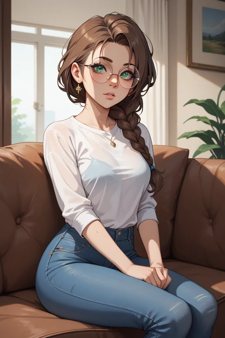 "Young woman with fair skin and long, wavy brown hair tied in a loose side braid. She wears round glasses and has green eyes looking downward. Dressed in a tight white long-sleeved top with a deep neckline and form-fitting blue jeans. Sitting on a brown pa...