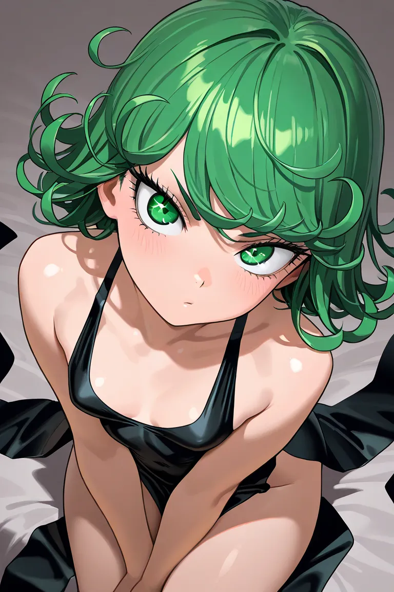  masterpiece, top quality, 32K, high resolution, very high resolution,  medium chest, (curvy), is cute,  lashes,  Sparkling Skin,  bright color,     rest ,  ZzTatsumaki , Green Eyes, green hair, black dress,