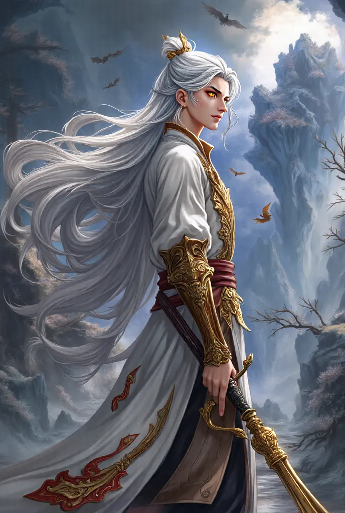 full body image, handsome protagonist xianxia, long silver hair, golden amber eyes like dragon,accessories like mini claw on hair, handsome face (mature on range 20-25 yo), golden arm, detailed character portrait, fantasy style, dramatic chiaroscuro lighti...