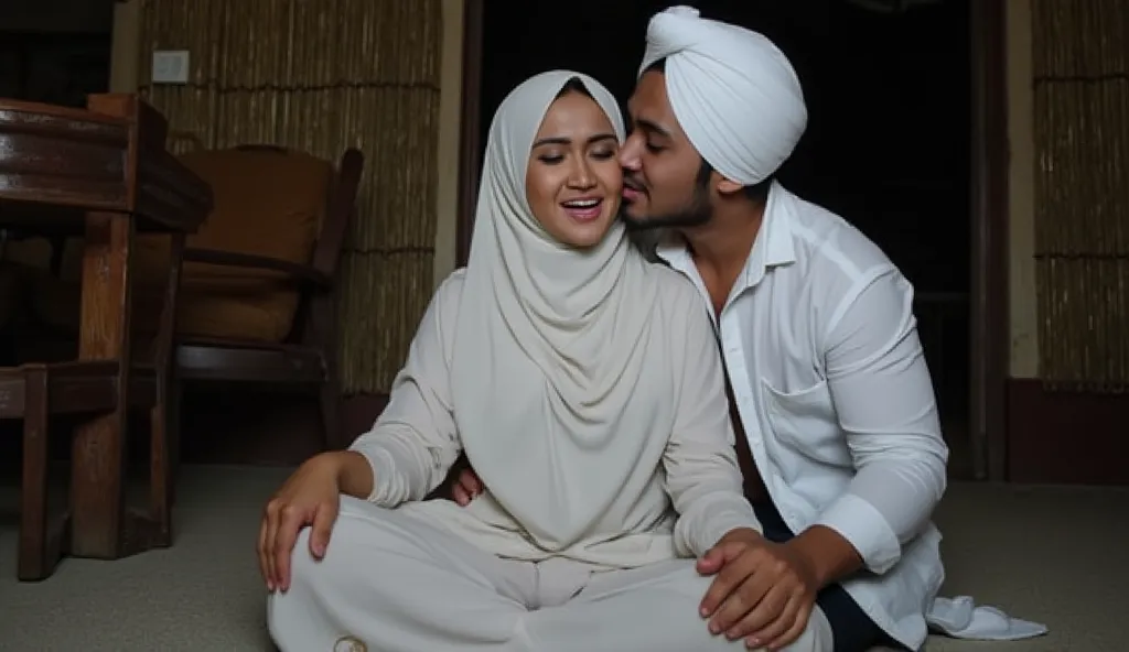 a Malay woman in a white headscarf with a little hair visible is sitting with both hands on the floor, loose gamis clothing, cleavage visible, large breasts, horny expression, from behind there is a 35-year-old Indonesian middle-aged man in a white turban ...