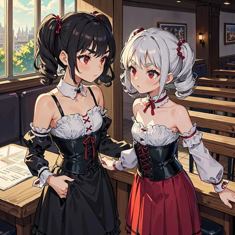 Young girl with gray hair, ((curly and fringed hair)),((short curly pigtails)), curly hair ,(red eyes),((small bushy eyebrows)), wearing gothic lolita clothing, wide and baggy  lolitagotic decorative arm sleeves, corset with red threads, maid pleated skirt...