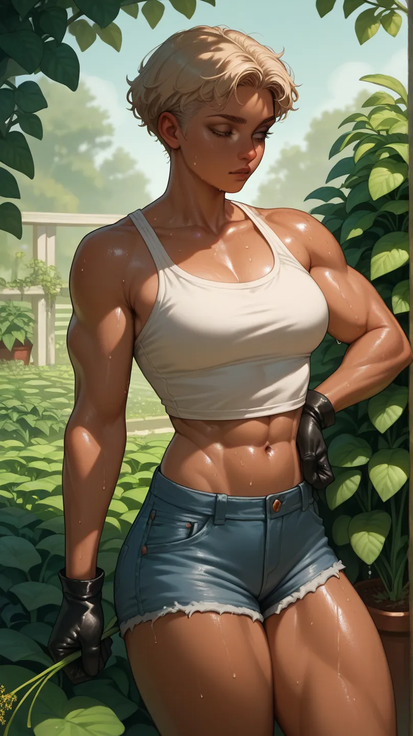 A blond girl picking eggplants in a vegetable garden, Jean shorts, white muscle, straw shade, leather work gloves, beautiful, Tanned skin, sweating, large eggplants, delicate body,  muscle-free leather