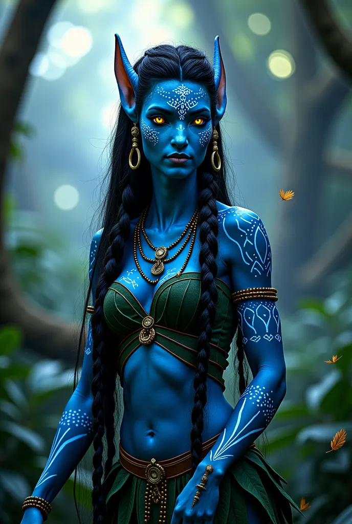 a detailed concept art of a new female Na'vi character from the world of 'Avatar.' She has glowing bioluminescent patterns on her blue skin, long braided hair adorned with beads and natural elements, and expressive golden eyes. She is dressed in traditiona...