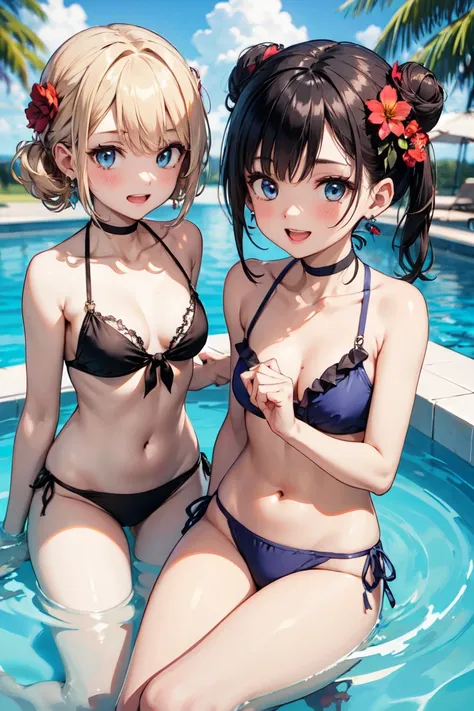 (masterpiece, top quality, best quality:1.2), nice hands, perfect hands, 2girls, :d, bangs, bare_shoulders, beach, bikini, black_hair, blue_bikini, blue_eyes, blue_sky, blush, breasts, choker, cleavage, cloud, collarbone, day, double_bun, earrings, eyebrow...