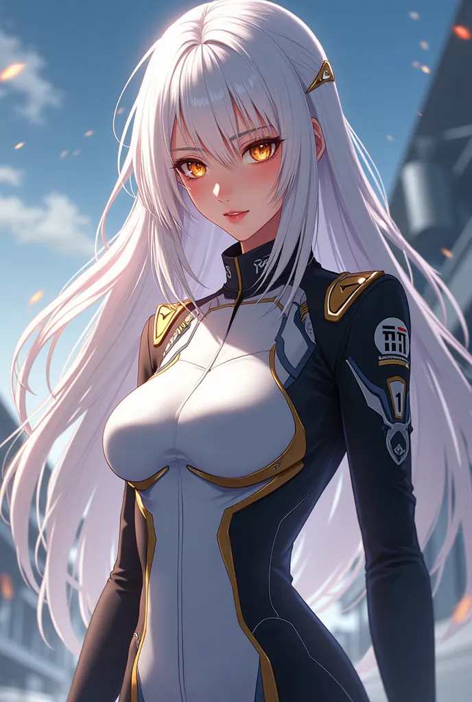 (maximum quality, best quality,  official art , beautiful and aesthetic:1.2) female anime, long white hair, golden eyes, Auto racer costume clothing.